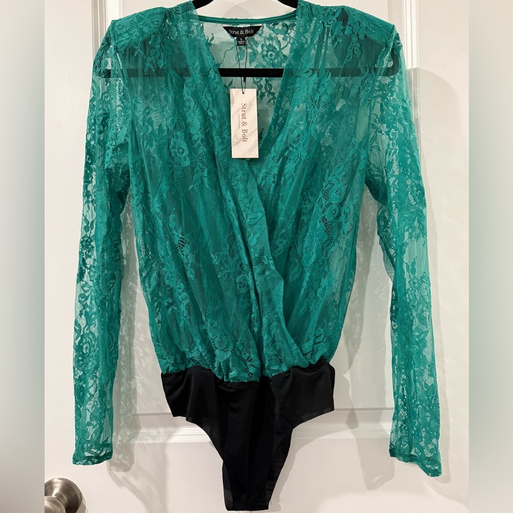 Green Lace Long Sleeve Bodysuit